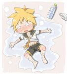  barefoot blonde_hair blush bottle chibi commentary grimay kagamine_len male_focus messy_hair navel necktie o_o puddle sailor_collar shorts solo steaming_body sweat sweating_profusely vocaloid water_bottle yellow_neckwear 
