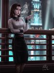  2016 artstation_sample belt bioshock bioshock_infinite black_skirt blue_eyes breasts brown_hair building cigarette collared_shirt elizabeth_(bioshock_infinite) fishnet_pantyhose fishnets highres holding image_sample indoors long_skirt long_sleeves medium_breasts number pantyhose parted_lips pencil_skirt railing realistic sciamano240 shirt signature skirt smoke smoking solo spotlight standing white_shirt 