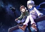  2girls boots brown_eyes brown_hair camera earmuffs feng_you gloves gray_hair green_eyes hat hoodie luo_tianyi night scarf sky stars stockings vocaloid vocaloid_china winter yuezheng_ling 