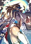  ass blazblue blazblue:_continuum_shift blonde_hair blue_eyes cape from_side glowing glowing_eyes hyakuhachi_(over3) long_hair long_sleeves looking_at_viewer mu-12 noel_vermillion revealing_clothes solo thighhighs twitter_username 