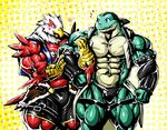  &lt;3 abs anthro avian beak belt biceps blue_eyes blush bulge clothing crocodile crocodilian duo feathers green_skin headband kuroma male open_mouth pecs quads red_feathers reptile scales scalie sharp_teeth shorts simple_background sixpack smile speedo swimsuit teeth tongue triceps vest wide_hips 