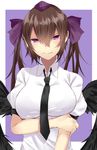  bird_wings black_neckwear black_wings breast_hold breasts brown_hair closed_mouth collared_shirt feathered_wings furrowed_eyebrows hat highres himekaidou_hatate large_breasts looking_at_viewer necktie onineko-chan puffy_short_sleeves puffy_sleeves purple_eyes purple_ribbon ribbon shirt short_sleeves solo tokin_hat touhou twintails white_shirt wings 