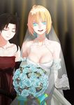  ahoge artoria_pendragon_(all) blonde_hair blue_eyes blue_flower blue_rose bouquet breasts bridal_veil bridesmaid cleavage closed_eyes dress elbow_gloves fate/stay_night fate_(series) flower gloves highres lace medium_breasts multiple_girls nao_(530116504) red_dress ribbon rose saber smile teeth toosaka_rin veil wedding_dress 