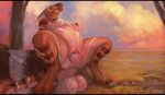  2016 anthro belly big_belly big_breasts bodypaint breasts cloud day digital_media_(artwork) digitigrade egg eyes_closed female hi_res markings nature nipples nude oouna open_mouth outside oviposition pregnant pussy scalie sky solo spread_legs spreading thick_thighs tree tribal 