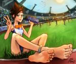  alternate_costume anklet asmo_deus bare_shoulders barefoot bottle brown_eyes brown_hair feet foreshortening goggles goggles_around_neck grass headband jewelry lips olympics overwatch pov_feet short_hair sitting skinny smile soles solo_focus spiked_hair sprinter_tracer stadium sweat toenail_polish toes tracer_(overwatch) v water_bottle weapon 