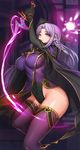  blue_eyes braid breasts cape caster covered_navel covered_nipples dagger evan_yang fate/stay_night fate_(series) highres hood hood_down large_breasts long_hair pointy_ears purple_hair rulebreaker single_braid solo thighhighs weapon 