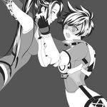  atobesakunolove blood blood_from_mouth bodysuit bomber_jacket breasts chain closed_eyes distress earrings gloves goggles grey_background greyscale harness highres jacket jewelry long_hair looking_at_another medium_breasts monochrome multiple_girls open_mouth overwatch ponytail restrained short_hair simple_background spiked_hair stud_earrings tears tracer_(overwatch) upper_body very_long_hair wide-eyed widowmaker_(overwatch) yuri 