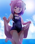  barefoot blush bow cloud cloudy_sky covered_navel day fate/grand_order fate_(series) hair_bow helena_blavatsky_(fate/grand_order) highres looking_at_viewer one-piece_swimsuit purple_eyes purple_hair school_swimsuit shimejinameko sky solo sun swimsuit towel 