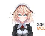  1girl apxkf2003 blonde_hair blush character_name g36_(girls_frontline) girls_frontline glasses green_eyes hair_between_eyes highres maid_headdress neck_ribbon over-rim_eyewear ribbon semi-rimless_eyewear short_hair solo white_background 