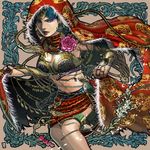  1girl bare_shoulders black_hair breasts bridal_gauntlets cape cleavage dan_(drinkm) earrings eyeshadow floral_print flower fur jewelry large_breasts lipstick makeup purple_eyes simple_background solo sword tekken weapon zafina_(tekken) 