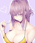  bikini_top breasts chaldea_lifesavers cleavage collarbone fate/grand_order fate_(series) florence_nightingale_(fate/grand_order) heart highres large_breasts looking_at_viewer purple_eyes purple_hair solo swimsuit_pull tetsu_(excalibur920) upper_body 