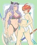  ass axe bikini blush bra breasts camilla_(fire_emblem_if) commentary fire_emblem fire_emblem_if hair_over_one_eye hinoka_(fire_emblem_if) large_breasts lingerie long_hair medium_breasts multiple_girls panties polearm poleaxe purple_hair red_eyes red_hair samanator_club short_hair side-tie_bikini swimsuit underwear weapon 