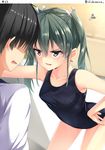  1girl :d alternate_costume bent_over black_hair collarbone commentary contemporary faucet green_hair grey_eyes hair_ribbon hino_(2nd_life) kantai_collection long_hair one-piece_swimsuit open_mouth ribbon school_swimsuit smile swimsuit twintails twitter_username v-shaped_eyebrows wet wet_clothes zuikaku_(kantai_collection) 
