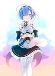  :d blue_eyes blue_hair detached_sleeves hair_ornament hair_over_one_eye hair_ribbon hands_clasped hiyo_kiki looking_at_viewer maid maid_headdress open_mouth own_hands_together pantyhose re:zero_kara_hajimeru_isekai_seikatsu rem_(re:zero) ribbon short_hair smile solo tears white_legwear x_hair_ornament 