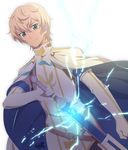  artist_name blonde_hair capelet electricity fuzuki_yuu gloves green_eyes male_focus oscar_dragonia simple_background solo sword tales_of_(series) tales_of_berseria weapon white_background 