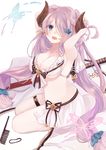  arms_behind_head arms_up bikini blue_eyes breasts comb commentary_request demon_horns draph front-tie_top granblue_fantasy hair_over_one_eye horns katana large_breasts lavender_hair long_hair looking_at_viewer narmaya_(granblue_fantasy) open_mouth pink_hair riruno simple_background solo swimsuit sword very_long_hair weapon white_background white_bikini 