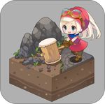  :d blonde_hair blue_eyes blush_stickers boots chibi dragon_quest dragon_quest_builders faux_figurine gloves goggles goggles_on_head grass grey_background hammer hat heroine_(dqb) isometric long_hair open_mouth ponytail puti_devil rock simple_background smile solo 