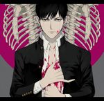  1boy beauty_mark black_eyes black_hair bone closed_mouth collarbone collared_shirt gakuran grey_background hand_on_own_chest komo_(sleepy) letterboxed looking_at_viewer male_focus mole mole_under_eye open_clothes open_jacket open_shirt original pink_background school_uniform simple_background solo uniform upper_body 