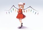  arms_behind_back ascot bat_wings blonde_hair breasts crystal flandre_scarlet full_body gradient gradient_background hat hat_ribbon long_hair mary_janes mob_cap ouka_(ra-raradan) ribbon shoes side_ponytail skirt skirt_set sleeveless small_breasts solo touhou wings 