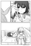  anchovy bangs book comic girls_und_panzer greyscale hair_between_eyes headboard highres holding holding_another's_hair holding_book knees_together knees_up long_hair looking_at_another lying monochrome multiple_girls nishizumi_maho on_back on_bed pajamas reading short_hair silent_comic sitting smile under_covers yawaraka_black 