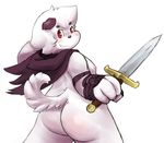 anthro blush butt canine cape clothing cub dog fighting_stance grin holding_object holding_weapon lambent lambent_panpan leather_straps looking-back mammal melee_weapon mostly_nide mostly_nude nipples rear_view red_eyes slightly_chubby sword warrior weapon young 