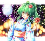  alternate_hairstyle breasts candy_apple cotton_candy flower food frog_hair_ornament green_hair hair_flower hair_ornament hair_tubes japanese_clothes kimono kochiya_sanae long_hair medium_breasts obi open_mouth osashin_(osada) ponytail sash smile snake_hair_ornament solo touhou yellow_eyes yukata 