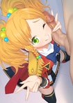  ;d aikatsu!_(series) aikatsu_stars! bangs black_legwear blonde_hair blush boots braid censored commentary_request double_v epaulettes from_above green_eyes hair_bobbles hair_ornament handjob hetero highres kneeling long_hair looking_at_viewer looking_up mosaic_censoring nikaidou_yuzu one_eye_closed open_mouth penis penis_on_face s4_uniform side_braid single_braid skirt smile solo_focus suzume_inui thighhighs tongue tongue_out twintails uniform v 