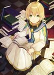  ahoge blonde_hair book book_focus book_stack checkered checkered_floor child green_eyes highres kurodeko laphicet_(tales) male_focus pantyhose pile_of_books sailor_collar sitting sitting_on_books solo tales_of_(series) tales_of_berseria too_many too_many_books 