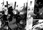  !! 3girls aircraft_carrier_hime arm_guards arm_up armor armored_boots beret boots cannon close-up comic crossed_legs elbow_gloves face flat_cap from_side gloves greyscale hair_between_eyes hand_in_hair hat kantai_collection kiso_(kantai_collection) looking_at_viewer machinery masukuza_j monochrome multiple_girls oboro_(kantai_collection) profile shaded_face shinkaisei-kan short_hair sitting speech_bubble spoken_exclamation_mark surprised sweatdrop talking text_focus thigh_boots thighhighs translated turret water_drop 