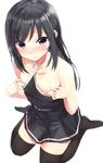  asashio_(kantai_collection) bangs bare_arms bare_shoulders belt black_dress black_hair black_legwear blue_eyes blush collarbone covering_nipples double-breasted dress eyebrows_visible_through_hair flat_chest hiromochi_(hiro39ra1) kantai_collection long_hair looking_at_viewer nipple_slip nipples pinafore_dress remodel_(kantai_collection) short_dress simple_background sitting sketch solo sweat thighhighs wariza white_background 