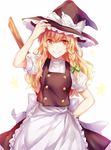  apron black_dress blonde_hair bow braid broom buttons dress frilled_dress frills green_bow grin hair_bow hand_on_headwear hat hat_bow kirisame_marisa long_hair puffy_sleeves short_sleeves side_braid simple_background single_braid smile solo star touhou waist_apron wavy_hair white_background white_bow witch_hat yellow_eyes yuli_(yulipo) 