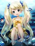  barefoot blonde_hair blue_eyes bubble character_request denim denim_shorts dress feet fish gen_7_pokemon highres huziimiyuu long_hair open_mouth poke_ball pokemon pokemon_(creature) pokemon_(game) pokemon_sm ribbon short_dress short_shorts shorts shorts_under_dress sleeveless smile solo toes twintails underwater very_long_hair water wishiwashi 