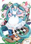  ;d absurdly_long_hair absurdres alice_in_musicland_(vocaloid) alice_in_wonderland aqua_eyes aqua_hair book bow bunny cake card cat checkered cheshire_cat cookie cup flower food hair_bow hair_ornament hair_ribbon hairclip hatsune_miku highres long_hair looking_at_viewer one_eye_closed open_mouth playing_card pocket_watch ribbon rose smile sugar_sound teacup teapot twintails very_long_hair vocaloid watch white_rabbit 