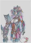  2016 anthro armor breasts clothed clothing fur overload pussy simple_background tagme traditional_media_(artwork) weapon white_background 