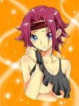  blue_eyes blush breasts cleavage code_geass headband izumo_neko kallen_stadtfeld large_breasts looking_at_viewer no_bra red_hair shirt_lift solo sweat tank_top tank_top_lift underboob 