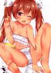  barefoot bikini brown_eyes brown_hair collarbone dark_skin fang feet flat_chest flying_sweatdrops hair_ribbon highres kantai_collection legs libeccio_(kantai_collection) long_hair navel one_eye_closed open_mouth polka_dot_ribbon ribbon rouka_(akatyann) signature sitting soles solo spread_legs strap_slip swimsuit toes twintails untied untied_bikini wince 
