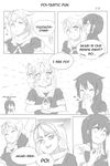  3girls akagi_(kantai_collection) comic covering_mouth english eyes_closed fang fikkyun fist_in_hand hair_flaps highres just_as_planned kantai_collection laughing left-to-right_manga middle_finger monochrome multiple_girls musical_note poi pun shigure_(kantai_collection) smirk whispering whistling yuudachi_(kantai_collection) |_| 