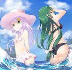  714_(leg200kr) anastasia_hoshin aqua_eyes arm_at_side arm_up ass ass_visible_through_thighs bangs bikini bikini_skirt breasts brown_eyes cloud cloudy_sky crusch_karsten day from_below green_bikini green_hair hat lavender_bikini lavender_hair looking_at_viewer medium_breasts multiple_girls outdoors partially_submerged re:zero_kara_hajimeru_isekai_seikatsu sky small_breasts smile standing standing_on_liquid stomach sun_hat swept_bangs swimsuit thighs wading 