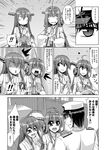  1boy 2girls admiral_(kantai_collection) ahoge comic detached_sleeves double_bun greyscale hair_ornament hairband hairclip haruna_(kantai_collection) hat kantai_collection kiryuu_makoto kongou_(kantai_collection) long_hair military military_uniform monochrome multiple_girls naval_uniform nontraditional_miko peaked_cap sweat translated uniform 