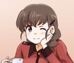  blush braid brown_eyes brown_hair cup eyebrows eyebrows_visible_through_hair girls_und_panzer hair_over_shoulder hand_on_own_cheek jacket long_hair long_sleeves military military_uniform one_eye_closed red_jacket rukuriri single_braid solo st._gloriana's_military_uniform teacup uniform yuu_yuu_(netaeshi58) 