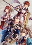  3girls armor artist_name bangs bow brother_and_sister cape cherry_blossoms eyebrows eyebrows_visible_through_hair female_my_unit_(fire_emblem_if) fingerless_gloves fire_emblem fire_emblem_if floral_background flower gloves grey_background hair_between_eyes hairband hand_up high_ponytail hinoka_(fire_emblem_if) holding holding_weapon long_hair looking_at_viewer looking_up mamkute multiple_girls my_unit_(fire_emblem_if) naginata obi orange_eyes pointy_ears polearm ponytail red_hair ribbon sakura_(fire_emblem_if) sash short_hair siblings sisters staff sword takumi_(fire_emblem_if) warutsu watermark wavy_hair weapon web_address white_gloves 