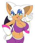  anthro armpits bat big_breasts blue_eyes bra breasts cleavage clothed clothing female gloves hair hi_res mammal michiyoshi midriff navel open_mouth rouge_the_bat simple_background smile solo sonic_(series) sports_bra underwear white_background white_hair wings 