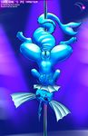  2016 anus black_sclera blue_skin clitoris dancing dark_violet eeveelution english_text female feral fin front_view hi_res licking licking_lips lighting looking_at_viewer marine nintendo pok&eacute;mon pole pole_dancing prehensile_tail purple_eyes pussy pussy_juice solo spread_legs spreading stripper_pole tail_fin text tongue tongue_out upside_down vaporeon video_games 
