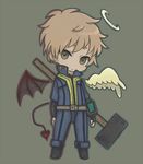  1boy angel_wings asymmetrical_wings bat_wings belt blonde_hair chibi closed_mouth fallout fallout_3 full_body green_eyes halo hoshino_(starrytheorem) lone_wanderer looking_at_viewer male_focus original simple_background solo suit tail weapon wings 