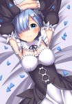 arms_up bangs blue_eyes blue_hair bow breasts cleavage_cutout collar commentary_request detached_sleeves dress hair_ornament hair_over_one_eye hair_ribbon hands_together highres lying maid maid_headdress medium_breasts on_back on_bed petals re:zero_kara_hajimeru_isekai_seikatsu rem_(re:zero) ribbon short_hair smile solo takamiya_nao upper_body wide_sleeves 