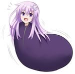  1girl :d alternate_costume blush commentary cross_hair_ornament eggplant eggplant_costume english_commentary excited full_body hair_ornament in_container in_sack jadf long_hair looking_at_viewer nepgear neptune_(series) open_mouth purple_eyes purple_hair sack sidelocks simple_background smile solo white_background wiggling zipper 