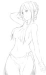  arm_up breasts earrings greyscale hair_censor hair_over_breasts highres jewelry large_breasts long_hair monochrome niwatazumi original pointy_ears simple_background sketch smile solo topless white_background 