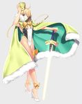  adjusting_headwear ankle_bow ankle_ribbon artoria_pendragon_(all) artoria_pendragon_(swimsuit_archer) blonde_hair bow cape chietori covered_navel crown excalibur fate/grand_order fate_(series) glowing green_eyes high_heels looking_at_viewer one-piece_swimsuit ribbon smile solo standing swimsuit sword weapon 