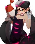  akuan_(7jackpot7) aori_(splatoon) arms_up bad_id bad_pixiv_id black_dress black_hair bow breasts cleavage commentary_request domino_mask dress earrings fangs food food_themed_hair_ornament gloves hair_bow hair_ornament holding holding_weapon jewelry luna_blaster_(splatoon) mask medium_breasts no_legwear open_mouth pointy_ears sketch smile solo sparkle splatoon_(series) splatoon_1 star star-shaped_pupils strapless strapless_dress sushi symbol-shaped_pupils weapon white_background white_gloves yellow_eyes 