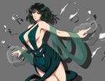  &gt;:) adapted_costume akino_(gokosei) armpits bare_shoulders bent_spoon breasts closed_mouth commentary_request covered_nipples cowboy_shot dress drop_shadow fubuki_(one-punch_man) green_dress green_eyes green_hair grey_background highres large_breasts looking_at_viewer one-punch_man outstretched_arms revealing_clothes shawl short_hair sideboob sleeveless smile solo spoon spread_arms telekinesis v-shaped_eyebrows 